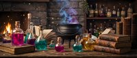 Magical alchemy laboratory with bubbling potions, ancient books, and mystical brewing equipment creating enchanting atmosphere for fantasy themes.