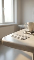 Minimalist morning scene with white coffee cup and medicine pills on wooden table by window with soft natural light for wellness and healthcare concepts.