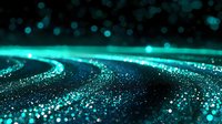 Glowing turquoise particles forming curved lines against dark background create magical atmosphere with bokeh effect and sparkling dust for abstract designs.
