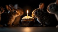 Adorable bunnies looking at glowing birthday cupcake with single candle in dark moody setting, creating magical celebratory atmosphere with warm candlelight.