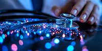 Medical stethoscope on digital surface with glowing blue and pink bokeh lights creating futuristic healthcare technology concept background.
