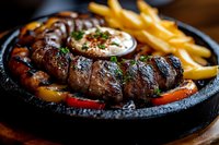 Juicy grilled beef steak sliced and served on sizzling cast iron plate with french fries, sour cream sauce, bell peppers and fresh herbs garnish.