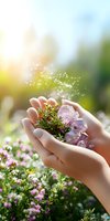Female hands holding amethyst crystals and small green plant with magical sparkles against blurred floral garden background in soft sunlight. Spiritual wellness concept.
