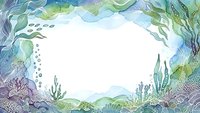 Underwater ocean frame with seaweed, coral and marine plants in watercolor style. Copy space for text and design projects.