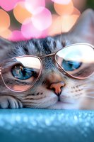 Close-up portrait of gray cat wearing trendy eyeglasses with pink bokeh lights in background, blue eyes reflecting through lenses while resting on blue surface.