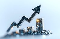 Glittering business growth chart with rising arrow and bar graph made of blue sparkly particles showing upward financial trend on light background.
