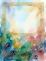 Ornate golden frame with watercolor wash background in soft pastels, featuring botanical foliage and decorative elements. Isolated design ready for invitations, greeting cards, posters, and digital projects.