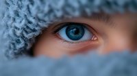 Close up view of bright blue eye peeking through warm winter knit scarf or hat, showing emotion and mystery in cold weather season.