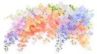 Delicate watercolor floral arch with cascading wisteria blooms in soft purple, peach, and coral hues, green foliage creates romantic botanical composition.