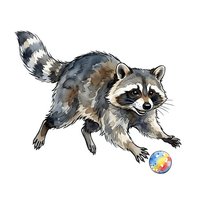 Curious raccoon with distinctive black mask and striped tail playing with colorful ball, isolated on white background for design projects and merchandise applications.