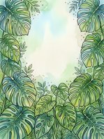Tropical monstera leaves frame a light watercolor background with botanical line art details, ideal for nature-themed designs and botanical illustrations.
