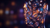Futuristic transparent human head filled with floating medical pills and capsules representing pharmaceutical innovation and digital healthcare technology.