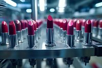 Rows of luxurious lipsticks in metallic cases arranged on display, featuring rich burgundy and pink shades with one central lipstick in focus against blurred background.