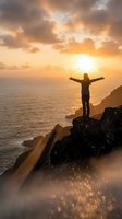 Silhouetted figure standing on rocky cliff with arms outstretched overlooking ocean at golden sunset, conveying freedom, achievement, and triumph for motivational and lifestyle content.