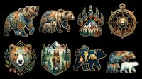 Eight watercolor wilderness sticker set with bears, paw print, compass, and camping scenes, isolated on transparent background. Great for t-shirts, print on demand, and stickers.