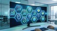 Modern office workspace with curved monitor displaying glowing blue hexagonal business analytics dashboard featuring charts, graphs and data visualization icons.