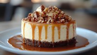 Creamy cheesecake topped with caramel sauce, chopped pecans and chocolate crumble base on white plate, selective focus on dripping caramel garnish.