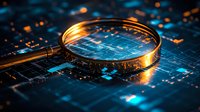 Magnifying glass on glowing circuit board with blue technology pattern and golden light effects, representing digital investigation and data analysis.