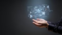Businessman hand presenting holographic global network interface with digital data visualization and connectivity icons on dark background.
