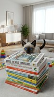 Siamese kitten with blue eyes playing among stacked children's books in modern living room with toys, plants, sofa and natural light from windows.