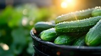 Fresh green cucumbers with water drops in dark bowl against blurred garden background at sunset, organic healthy vegetables from farm harvest.