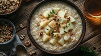 Creamy oatmeal porridge topped with diced pears, walnuts and fresh thyme in rustic ceramic bowl on wooden table. Cozy breakfast setting with honey.