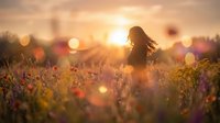 Young woman with long dark hair standing in wildflower meadow at golden hour sunset, surrounded by blooming flowers and warm bokeh light, suitable for lifestyle and nature editorial use.