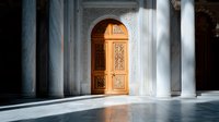 Ornate wooden door with intricate carvings in marble archway, sunlight streaming through columns creating dramatic shadows on polished floor.
