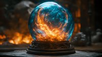 Mystical fortune telling crystal ball with glowing orange and blue cosmic energy swirls inside on dark background, magical divination sphere for spiritual concept.