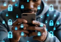 Young African American person using smartphone surrounded by glowing digital padlock icons, representing mobile security and data protection in modern technology.