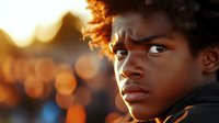 Young African American boy with natural curly hair in dramatic golden sunset lighting, thoughtful side profile portrait showing innocence and determination against bokeh background.