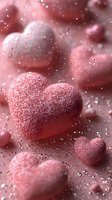Pink frosted heart-shaped candies with sparkling sugar crystals on blurred romantic background, soft focus macro photography creates dreamy Valentine's Day atmosphere.