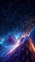 Futuristic digital landscape with glowing geometric mountains and network connections in blue and orange neon colors for technology presentations.