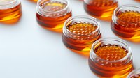 Fresh red caviar in glass jars arranged in diagonal line on white background. Luxury seafood delicacy with bright orange color and glossy texture.