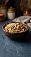 Mixed colorful lentils in rustic wooden bowl on dark surface with kitchen jars in background for healthy cooking and nutrition concepts.