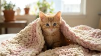Adorable orange tabby kitten with blue eyes peeking out from cozy pink knitted blanket in sunny home interior with houseplants on windowsill background.