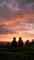 Two people sitting on grassy hill watching dramatic orange and purple sunset sky with mountains in distance creating peaceful romantic moment.