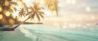 Tropical beach paradise with palm trees and turquoise ocean waves at golden sunset with dreamy bokeh lights creating peaceful vacation atmosphere.