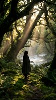 Woman in dark clothing standing alone on mossy forest path beneath ancient gnarled trees with golden sunlight filtering through canopy, suitable for fantasy, mystery, and nature editorial projects.