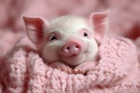 Adorable pink piglet wrapped in soft knitted pink blanket smiling at camera, close-up portrait on pink background showing sweet expression and tiny snout.