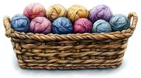 Colorful yarn balls in woven basket, soft wool skeins in pastel pink, blue, purple and beige tones arranged neatly for knitting and crochet projects.