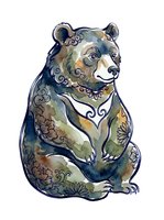 Decorative bear illustration with ornamental patterns in watercolor style, isolated on white background for design projects, apparel printing, and clipart applications.