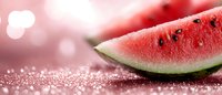 Fresh watermelon slice with seeds on sparkling surface with soft pink bokeh background for summer refreshment and healthy eating concepts.
