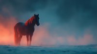 Majestic dark horse silhouette standing in morning mist with dramatic orange and teal sky backdrop, creating ethereal atmospheric landscape.
