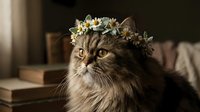Fluffy tabby cat wearing a delicate daisy flower crown, sitting indoors with soft natural lighting and blurred background. Perfect for pet lovers, greeting cards, and whimsical animal content.