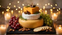 Gourmet cheese tower with grapes, nuts and crackers surrounded by warm candlelight creating elegant appetizer display for holiday entertaining and celebrations.