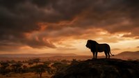 Majestic lion silhouette standing on rocky outcrop against dramatic orange sunset sky in African savanna landscape with acacia trees and mountains.