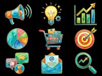 Watercolor business and marketing icons set isolated on transparent background, ready for stickers, clipart, t-shirt design, and print on demand use.