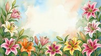 Watercolor floral frame with colorful lilies in pink, orange, and yellow on a soft pastel background with copy space for text.