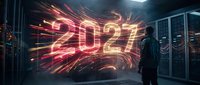 Businessman silhouette walking in server room with glowing 2027 holographic display and light trails representing future technology and digital transformation.